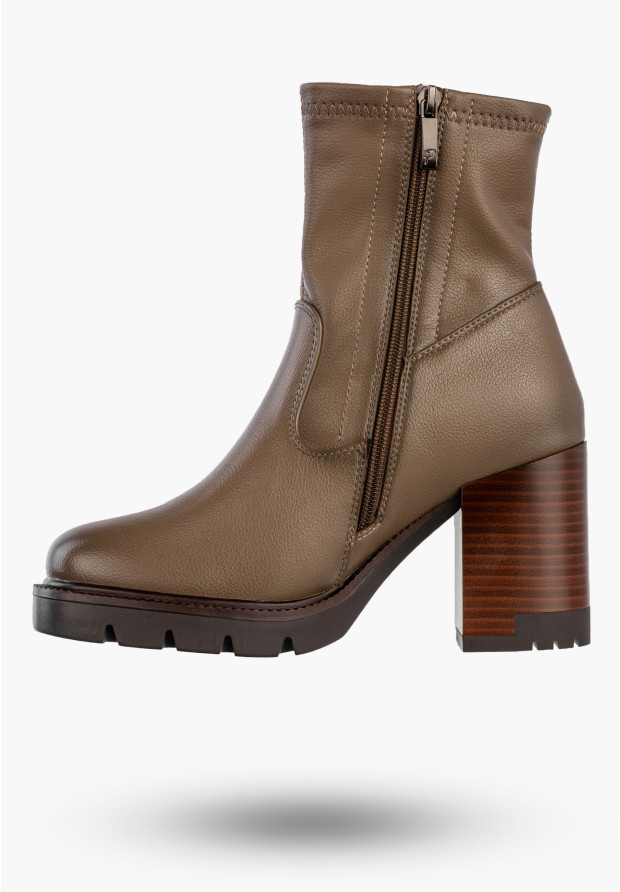 Botki Damskie Ekoskóra Buty Ocieplane Na Masywnym Obcasie Zimowe Khaki Potocki 25-12419KH