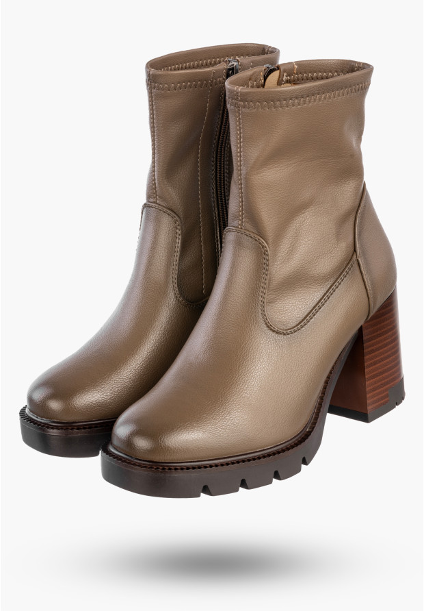 Botki Damskie Ekoskóra Buty Ocieplane Na Masywnym Obcasie Zimowe Khaki Potocki 25-12419KH