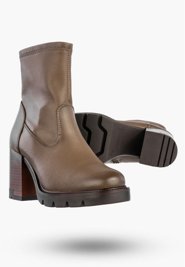 Botki Damskie Ekoskóra Buty Ocieplane Na Masywnym Obcasie Zimowe Khaki Potocki 25-12419KH