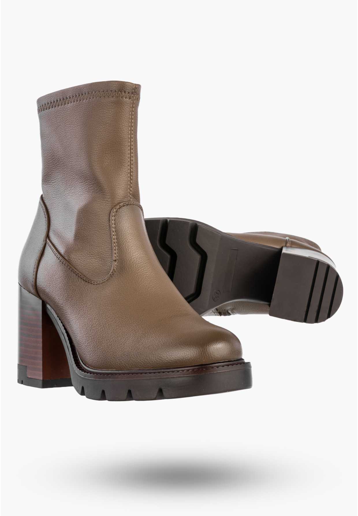 Botki Damskie Ekoskóra Buty Ocieplane Na Masywnym Obcasie Zimowe Khaki Potocki 25-12419KH