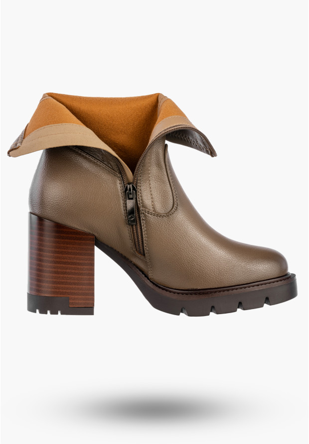 Botki Damskie Ekoskóra Buty Ocieplane Na Masywnym Obcasie Zimowe Khaki Potocki 25-12419KH
