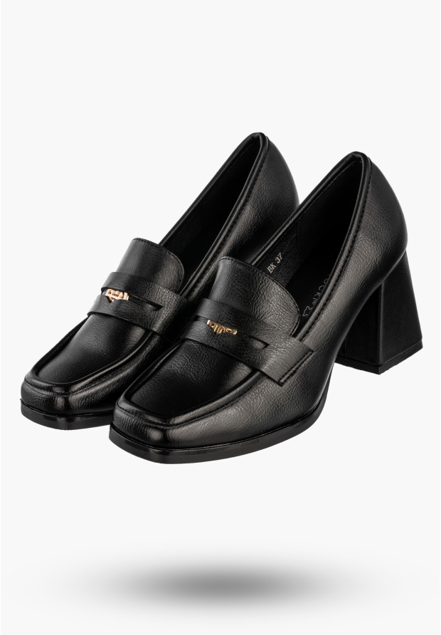 Mokasyny Damskie Ekoskóra Buty Na Obcasie Eleganckie Czarne Potocki 25-12710BK