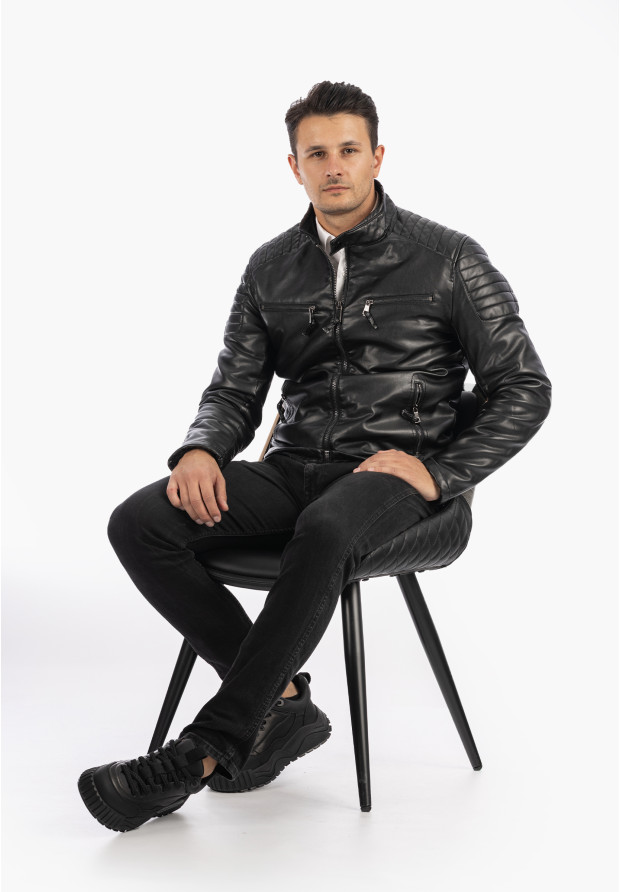 Ramoneska Męska Kurtka Ekoskóra Ocieplana Biker Czarna Kymaxx 5028-1