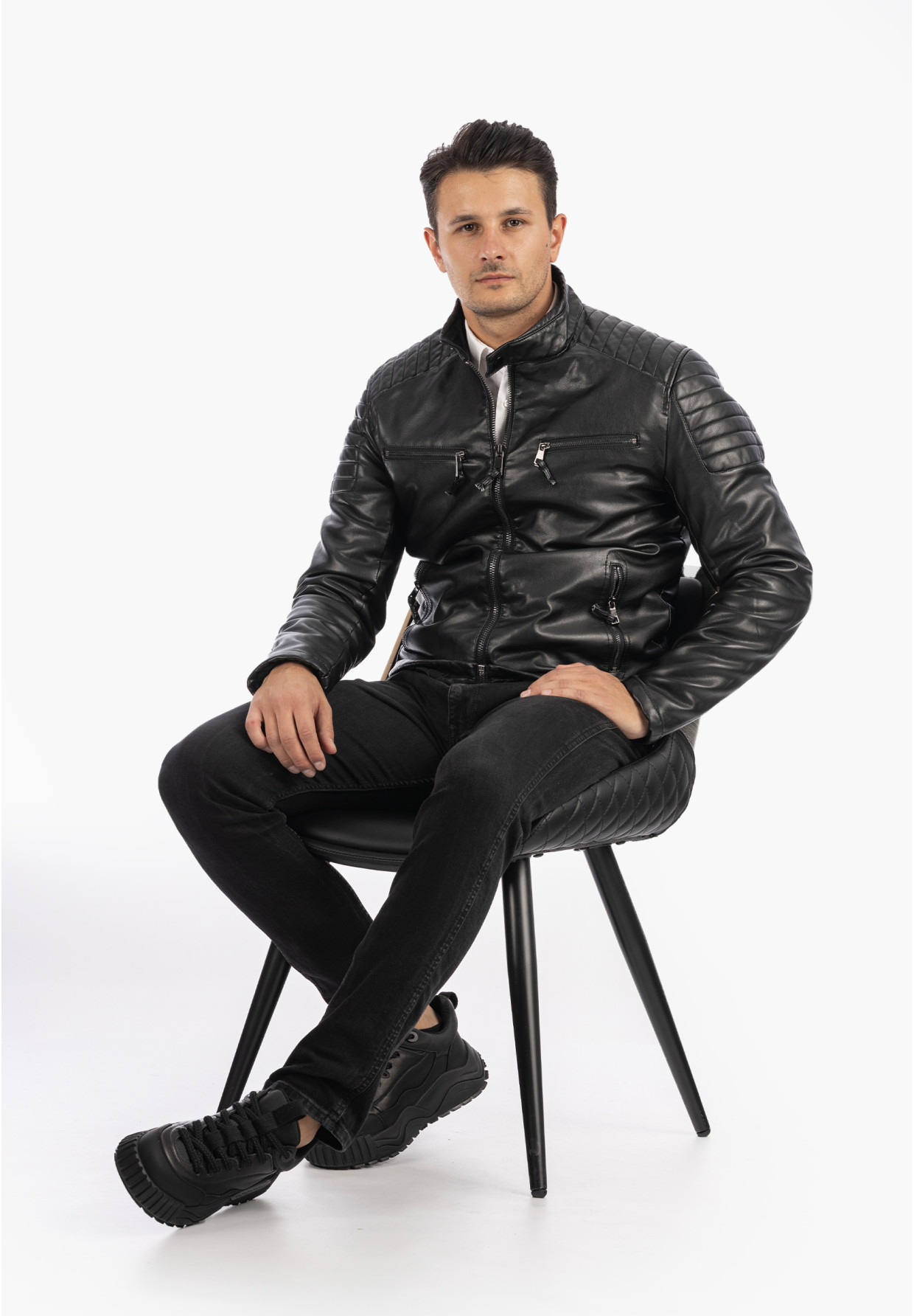Ramoneska Męska Kurtka Ekoskóra Ocieplana Biker Czarna Kymaxx 5028-1