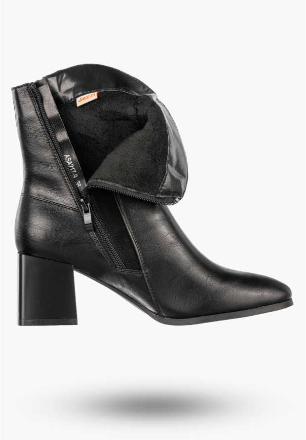 Botki Damskie Ekoskóra Ocieplane Eleganckie Buty Na Klocku Czarne Jezzi ASA217-9