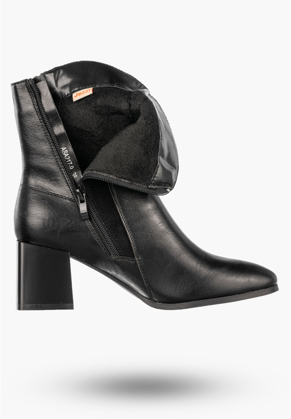 Botki Damskie Ekoskóra Ocieplane Eleganckie Buty Na Klocku Czarne Jezzi ASA217-9