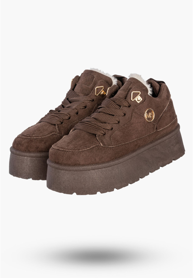 Sneakersy Damskie Ekozamsz Ocieplane Zimowe Na Platformie Brązowe MSMG HY876-1