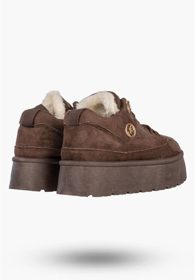 Sneakersy Damskie Ekozamsz Ocieplane Zimowe Na Platformie Brązowe MSMG HY876-1