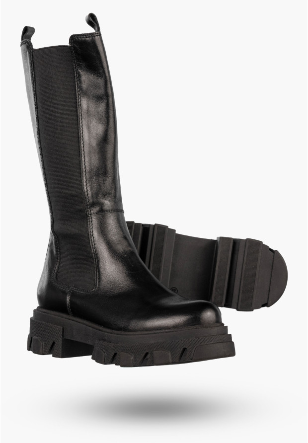 Kozaki Damski Skórzane Buty Zimowe Gruba Podeszwa Czarne Simen 5372A