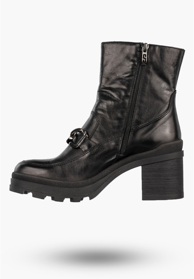Botki Damskie Skórzane Buty Na Klocku Zimowe Ocieplane Czarne Simen 4365A