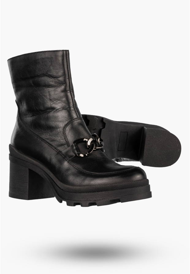 Botki Damskie Skórzane Buty Na Klocku Zimowe Ocieplane Czarne Simen 4365A