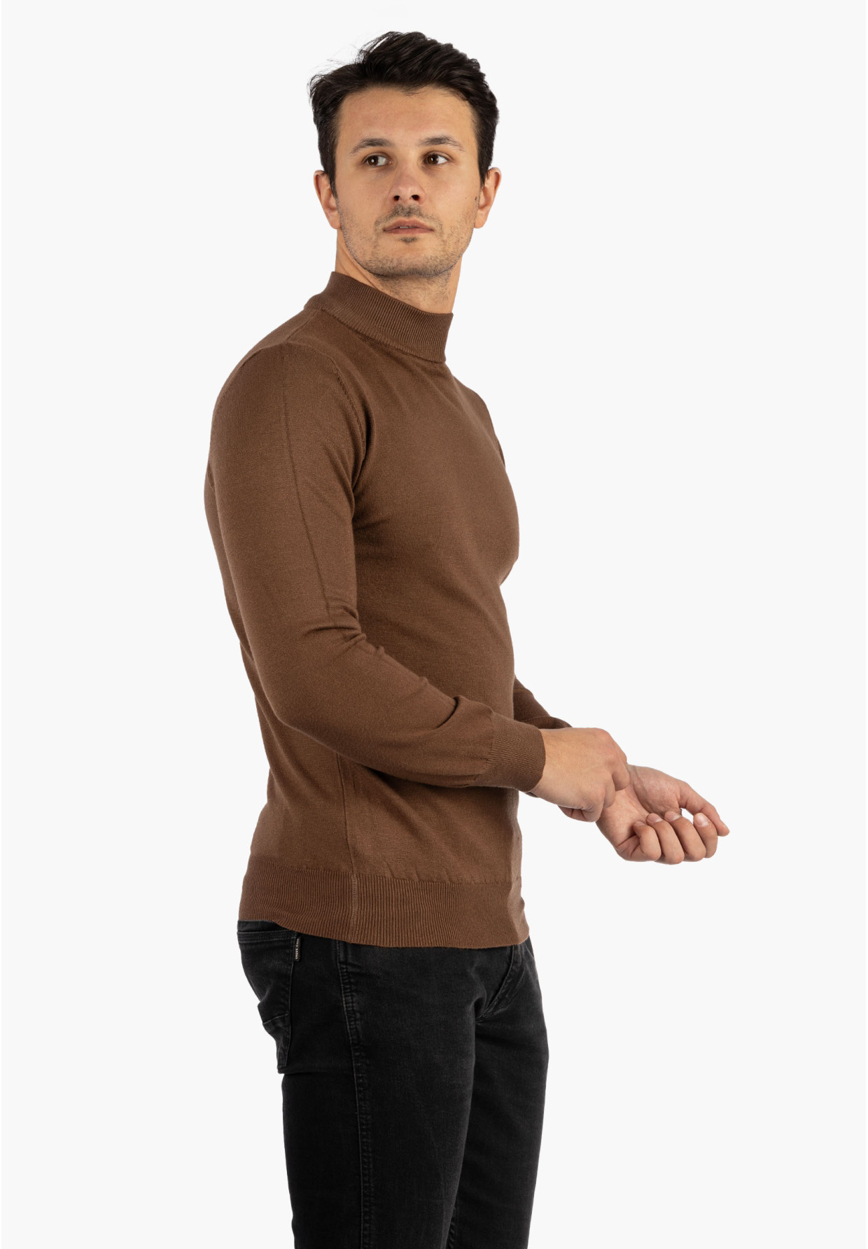 Sweter Męski Półgolf Elegancki Klasyczny Brązowy Tony Moro