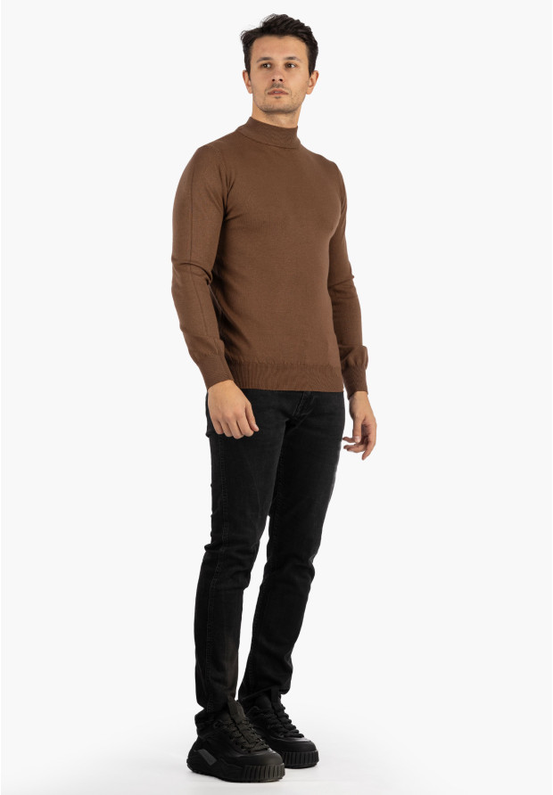Sweter Męski Półgolf Elegancki Klasyczny Brązowy Tony Moro