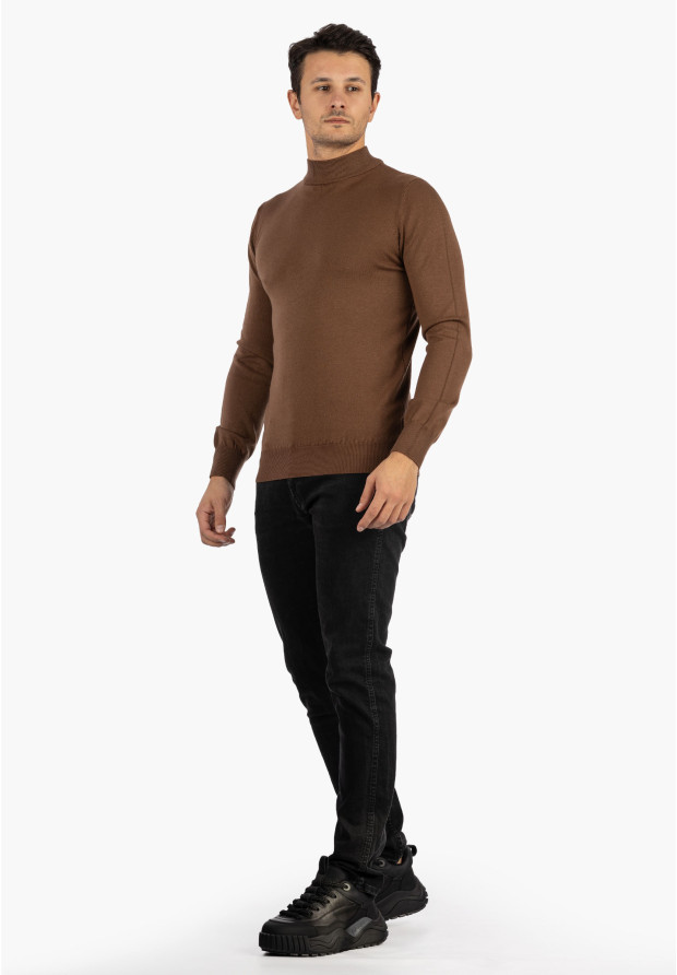Sweter Męski Półgolf Elegancki Klasyczny Brązowy Tony Moro