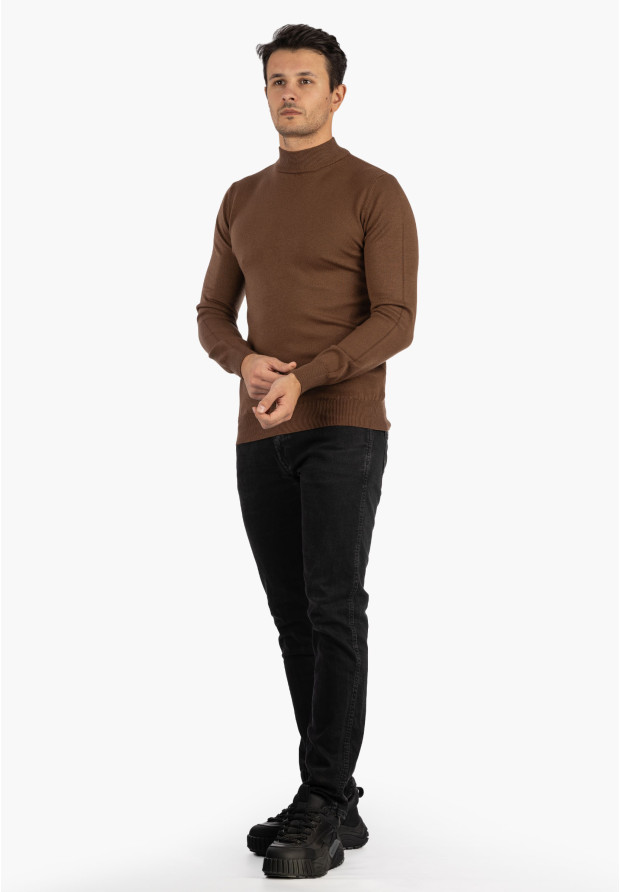 Sweter Męski Półgolf Elegancki Klasyczny Brązowy Tony Moro