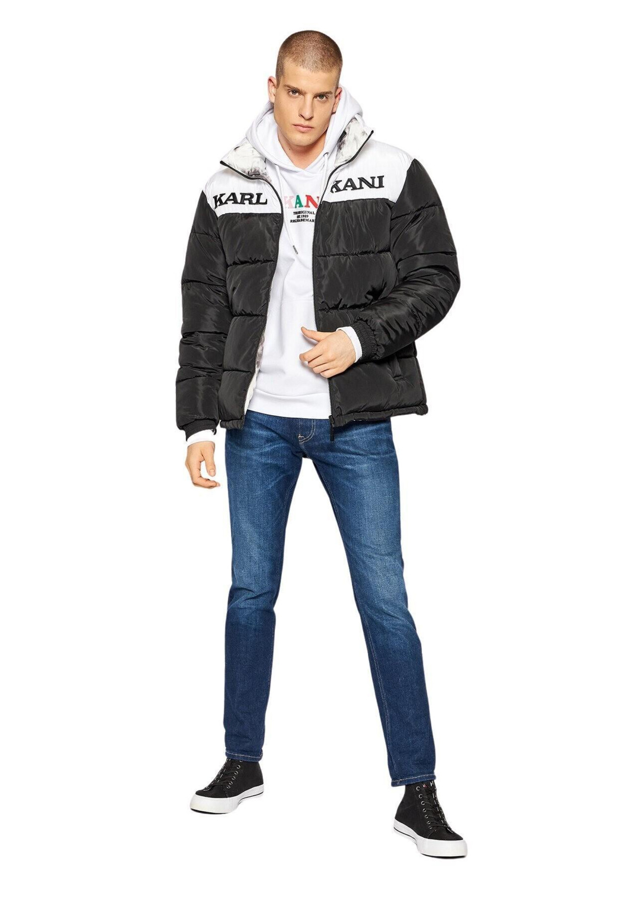 Kurtka Męska KARL KANI Zimowa Ocieplana Puchowa Retro Reversible Puffer Jacket Czarna/Biała
