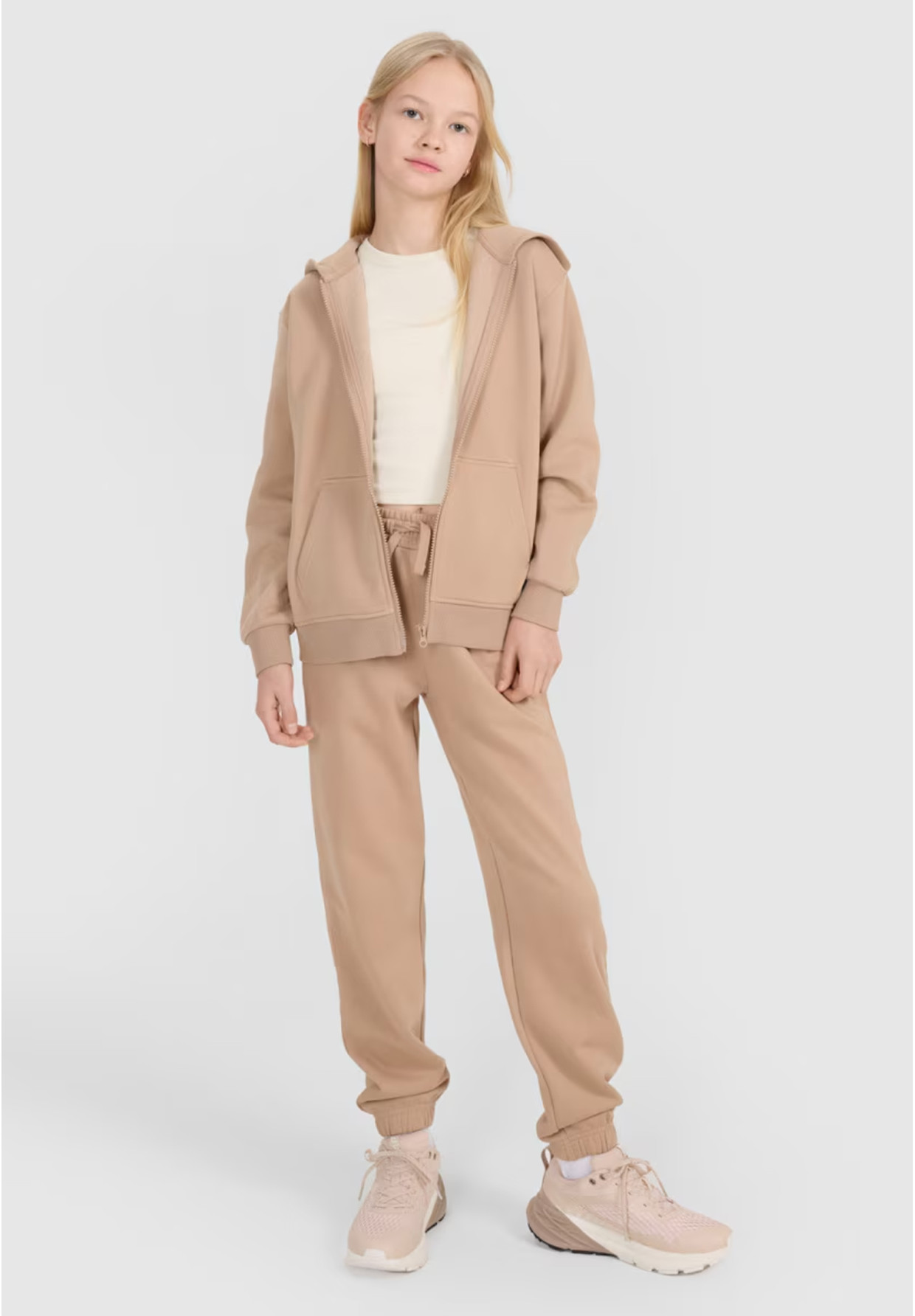 Bluza Dziewczęca 4F Rozpinana z Kapturem Oversize Beżowa 4FJWSS25TSWSF1853