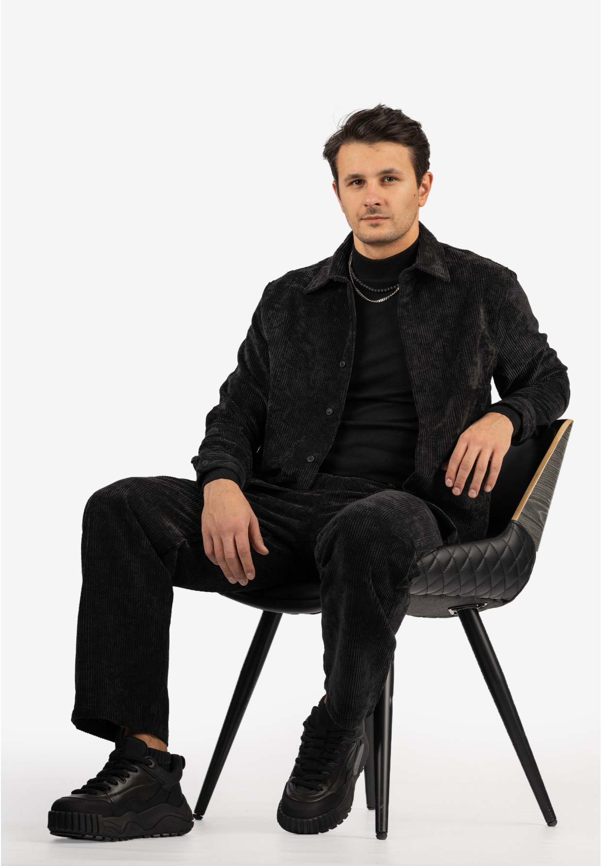 Komplet Sztruksowy Męski Koszula Spodnie Stylowy Elegancki Czarny 2512