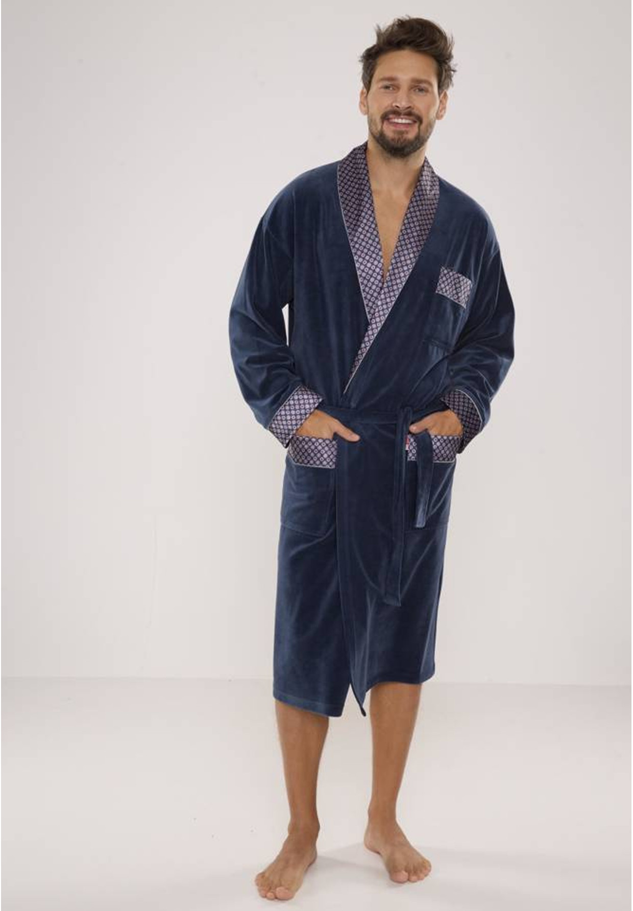 Szlafrok Męski De Lafense Welurowy Długi Z Kieszeniami Elegancki Jeans 773