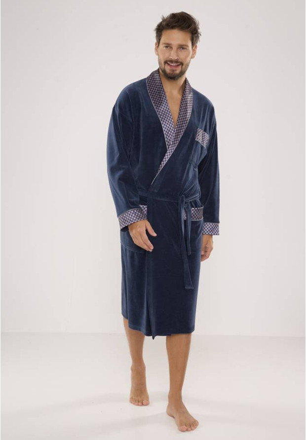Szlafrok Męski De Lafense Welurowy Długi Z Kieszeniami Elegancki Jeans 773