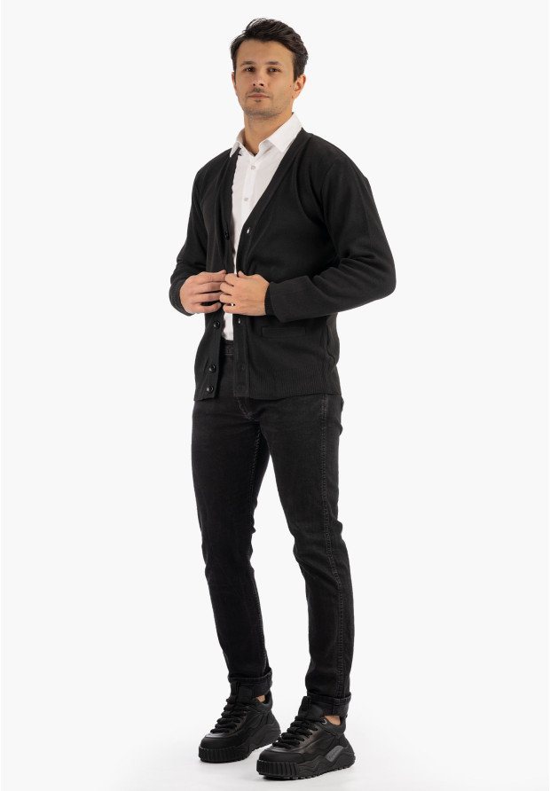 Sweter Męski Rozpinany Klasyczny Elegancki Wygodny Na Guziki Czarny MUST