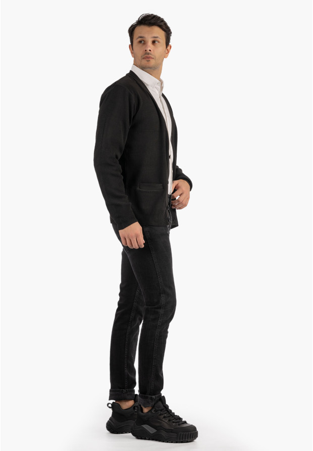 Sweter Męski Rozpinany Klasyczny Elegancki Wygodny Na Guziki Czarny MUST