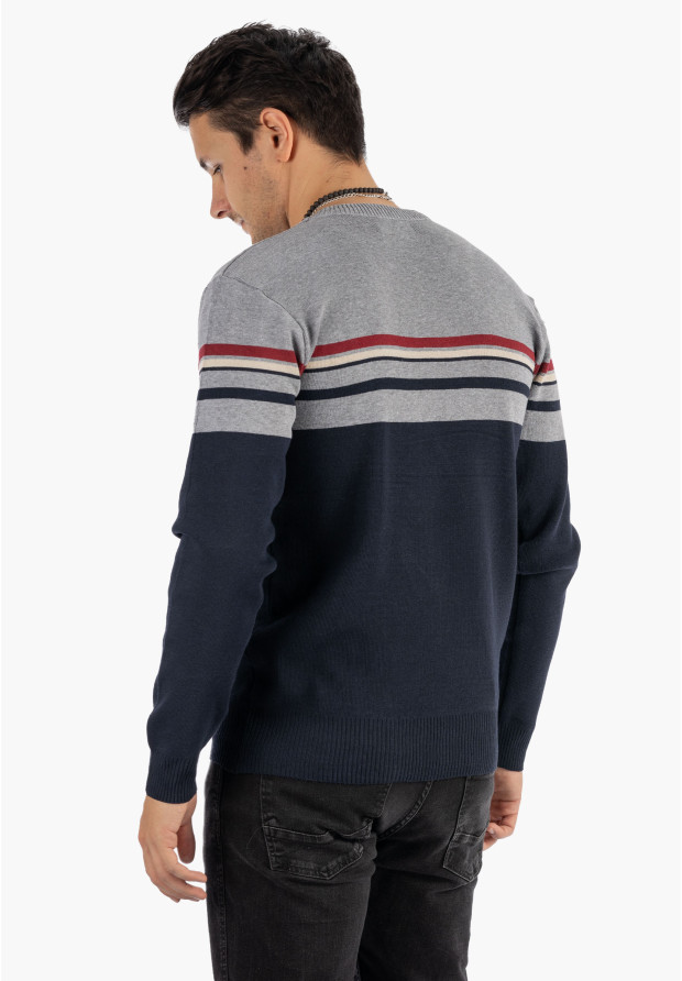 Sweter Męski Klasyczny Elegancki Wygodny Okrągły Dekolt Szary W Paski MUST