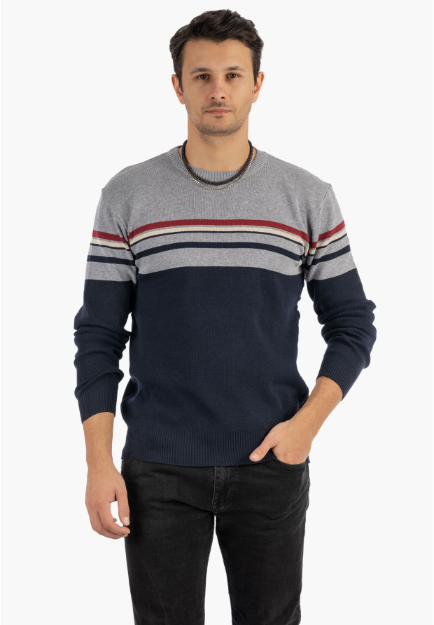 Sweter Męski Klasyczny Elegancki Wygodny Okrągły Dekolt Szary W Paski MUST
