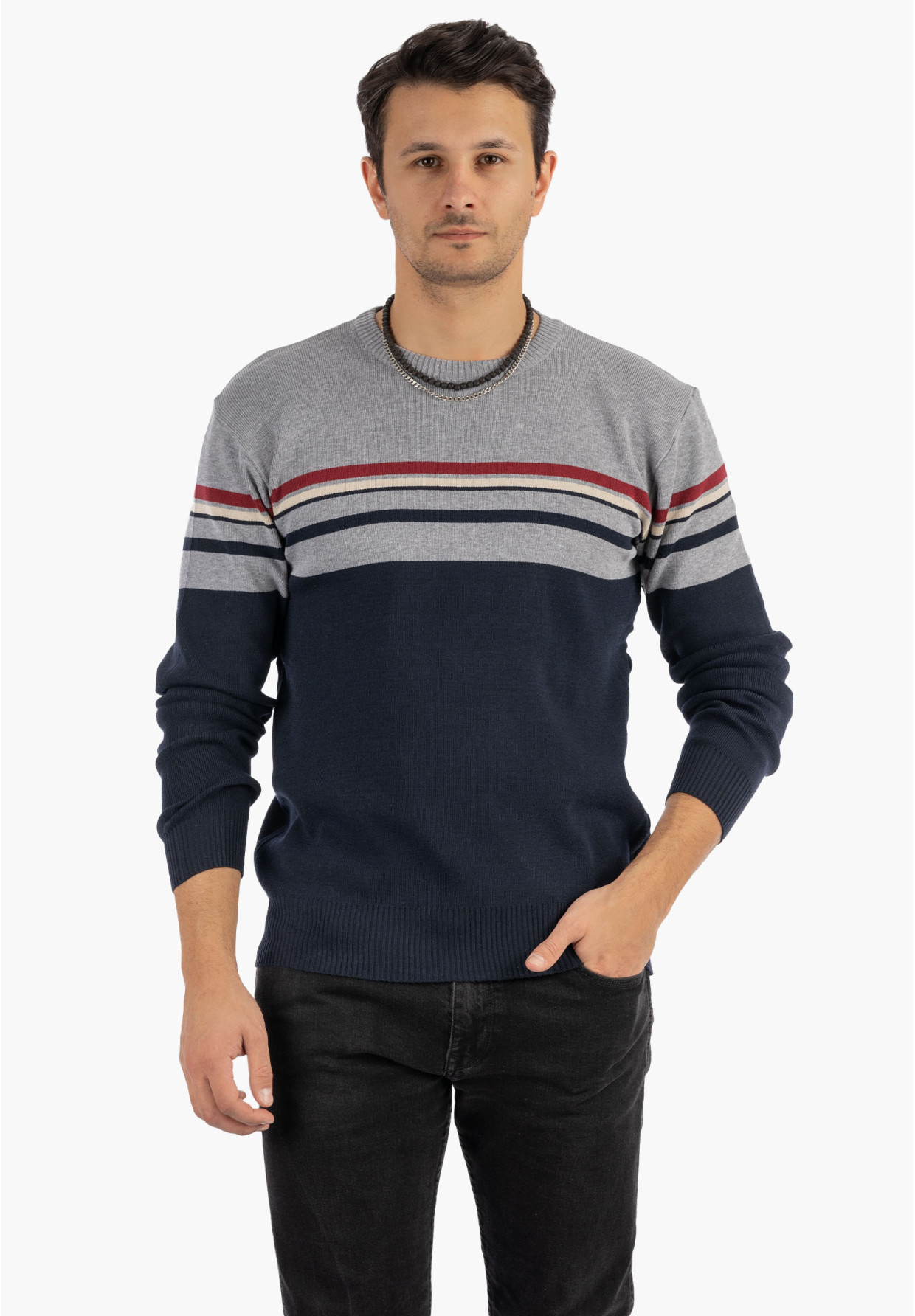 Sweter Męski Klasyczny Elegancki Wygodny Okrągły Dekolt Szary W Paski MUST