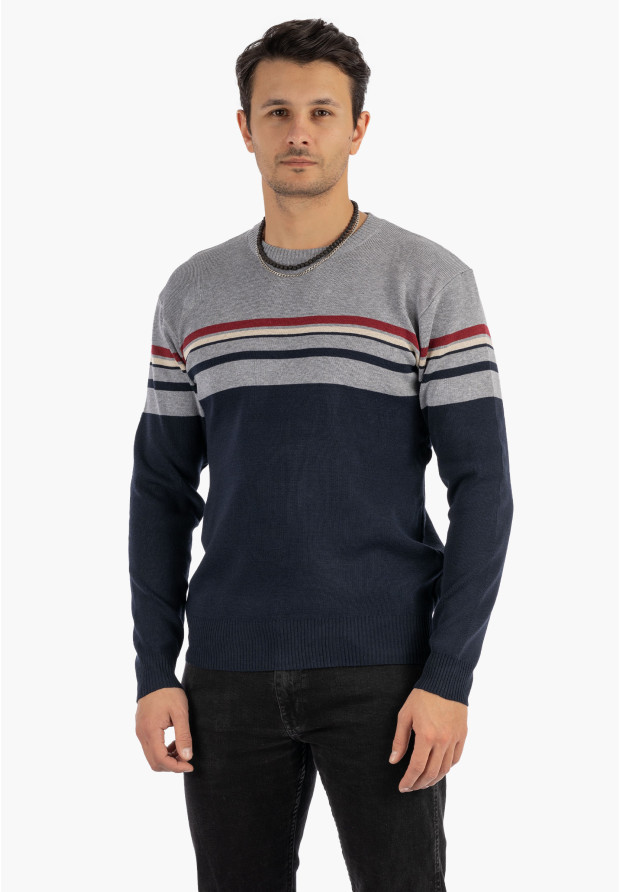 Sweter Męski Klasyczny Elegancki Wygodny Okrągły Dekolt Szary W Paski MUST