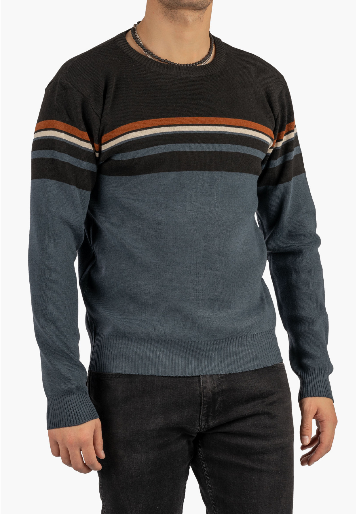 Sweter Męski Klasyczny Elegancki Wygodny Okrągły Dekolt Czarny W Paski MUST