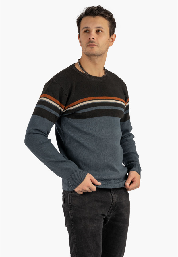 Sweter Męski Klasyczny Elegancki Wygodny Okrągły Dekolt Czarny W Paski MUST