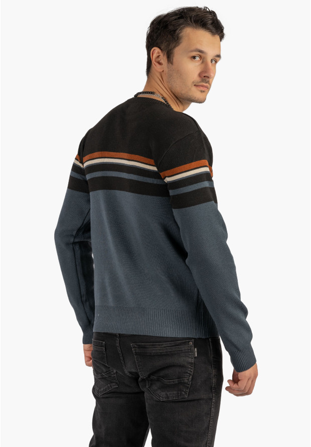 Sweter Męski Klasyczny Elegancki Wygodny Okrągły Dekolt Czarny W Paski MUST