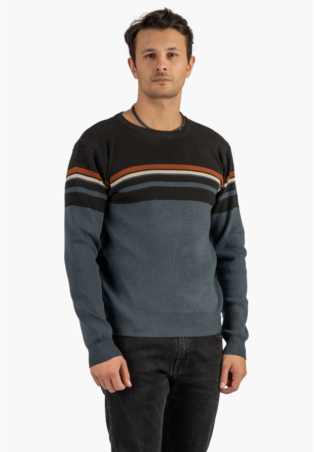 Sweter Męski Klasyczny Elegancki Wygodny Okrągły Dekolt Czarny W Paski MUST