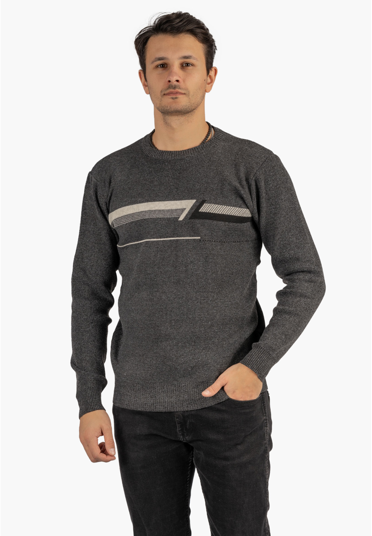 Sweter Męski Klasyczny Elegancki Wygodny Okrągły Dekolt Szary MUST