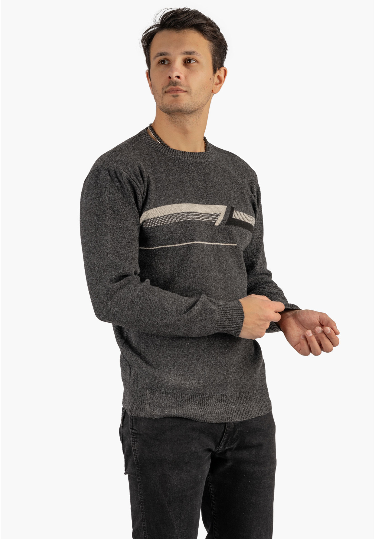 Sweter Męski Klasyczny Elegancki Wygodny Okrągły Dekolt Szary MUST