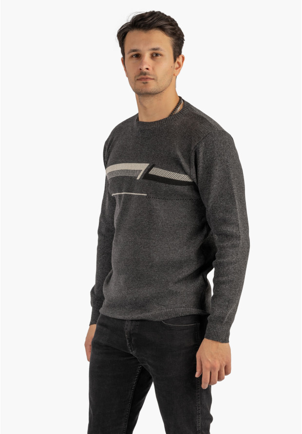 Sweter Męski Klasyczny Elegancki Wygodny Okrągły Dekolt Szary MUST