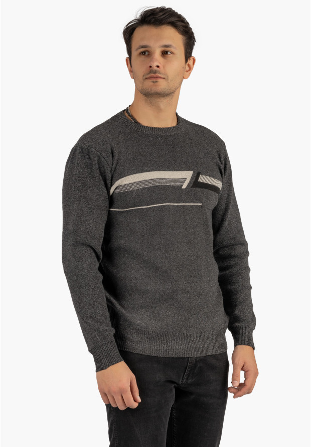 Sweter Męski Klasyczny Elegancki Wygodny Okrągły Dekolt Szary MUST
