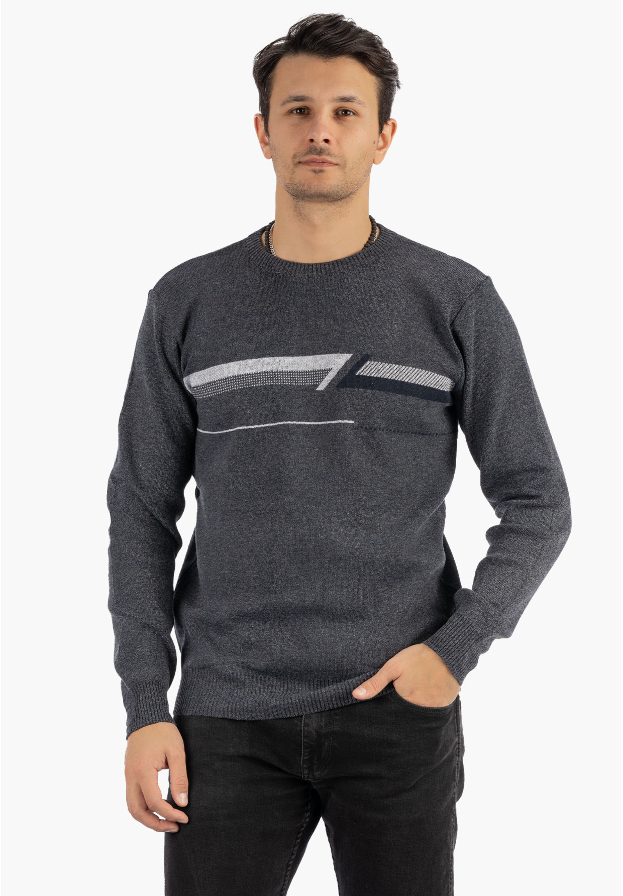 Sweter Męski Klasyczny Elegancki Wygodny Okrągły Dekolt Granatowy MUST