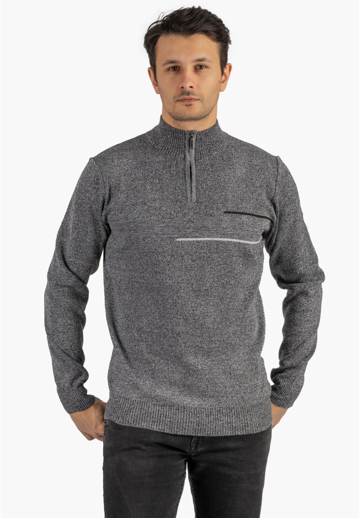 Sweter Męski Półgolf Klasyczny Wygodny Elegancki z Zamkiem Jasny Szary MUST
