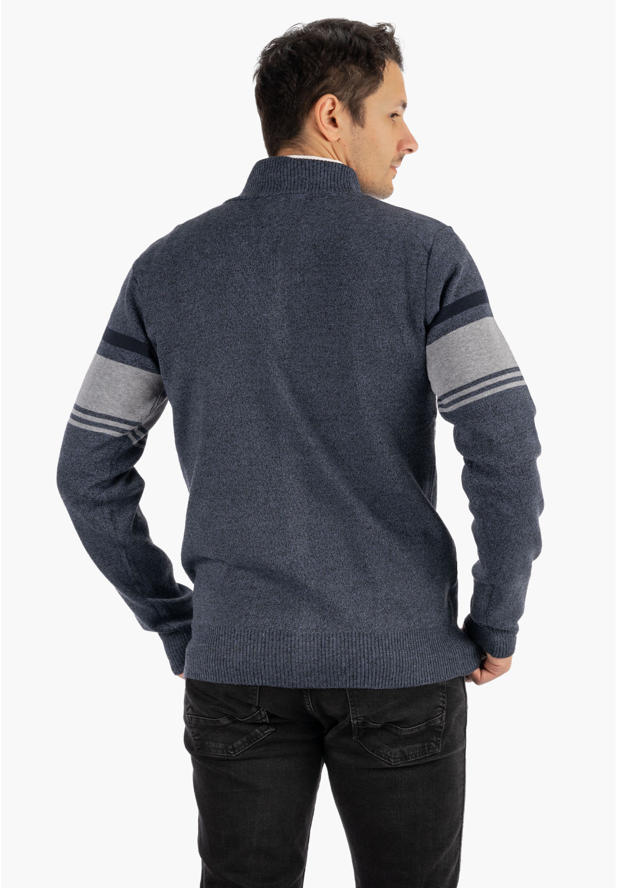 Sweter Męski Rozpinany Klasyczny Elegancki Wygodny na Zamek w paski Granatowy MUST