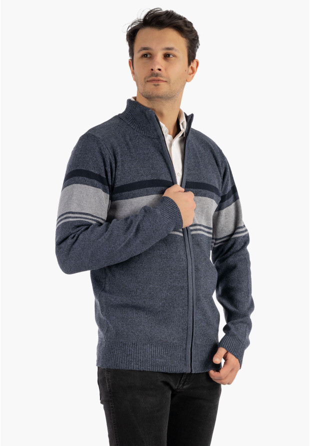 Sweter Męski Rozpinany Klasyczny Elegancki Wygodny na Zamek w paski Granatowy MUST