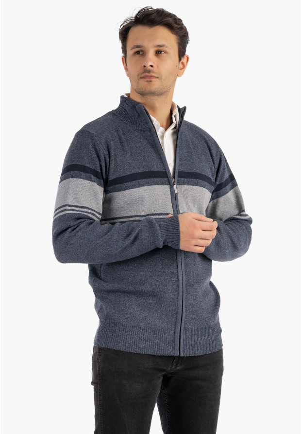 Sweter Męski Rozpinany Klasyczny Elegancki Wygodny na Zamek w paski Granatowy MUST