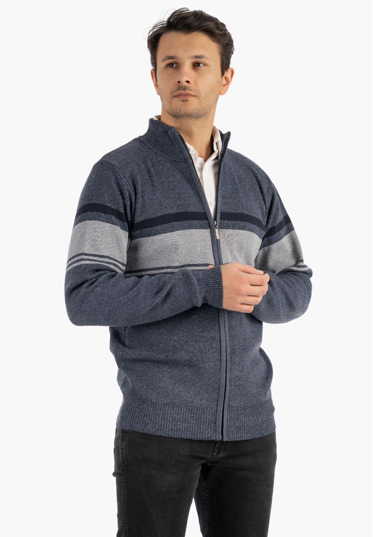 Sweter Męski Rozpinany Klasyczny Elegancki Wygodny na Zamek w paski Granatowy MUST
