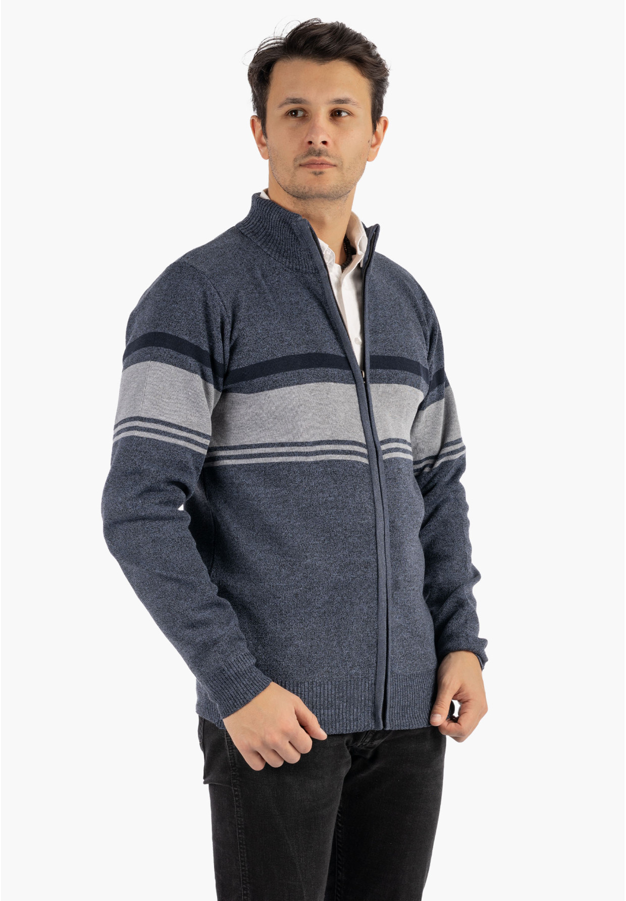 Sweter Męski Rozpinany Klasyczny Elegancki Wygodny na Zamek w paski Granatowy MUST