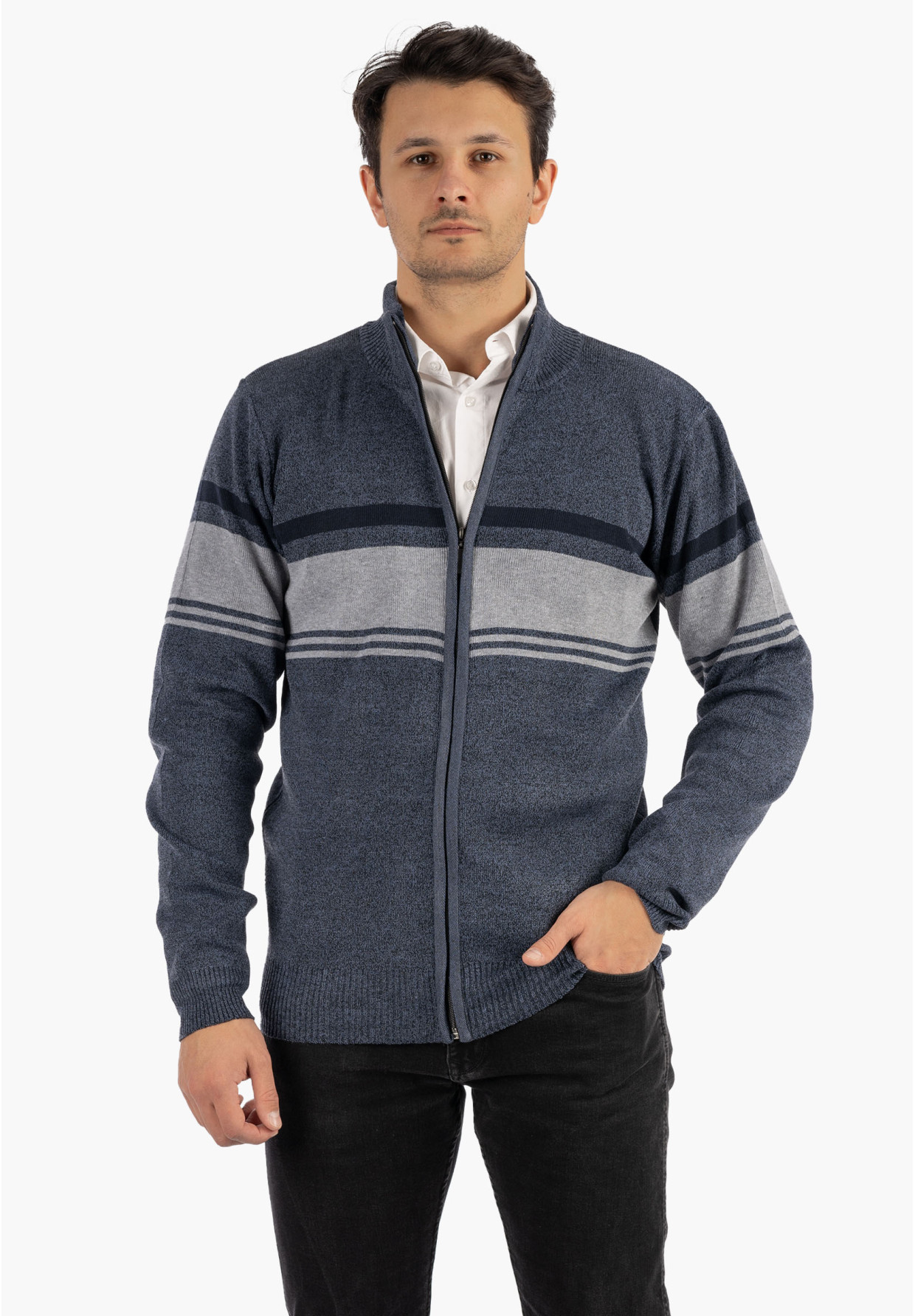 Sweter Męski Rozpinany Klasyczny Elegancki Wygodny na Zamek w paski Granatowy MUST