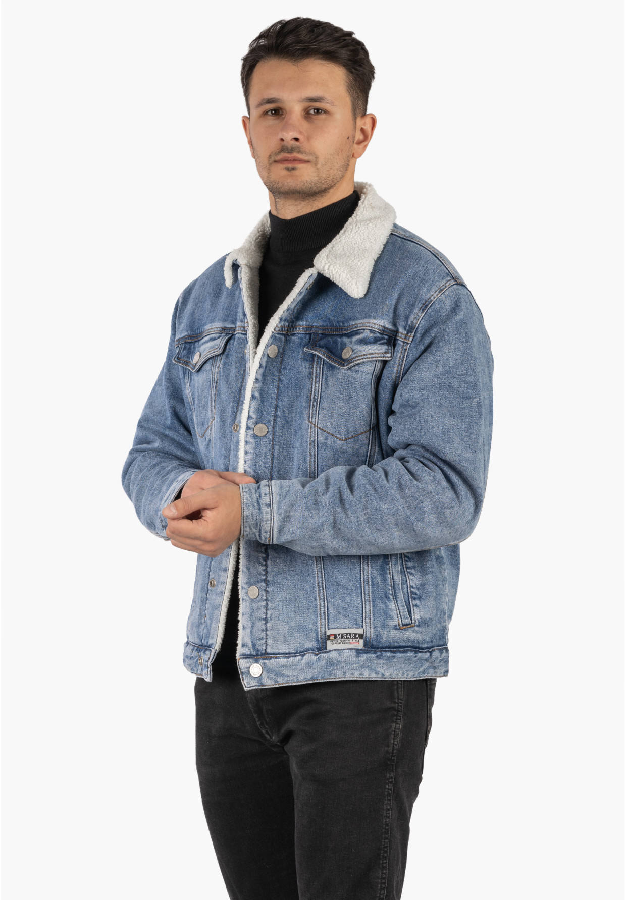Katana Męska Jeansowa Kurtka z Kożuchem Oversize Niebieska M.Sara