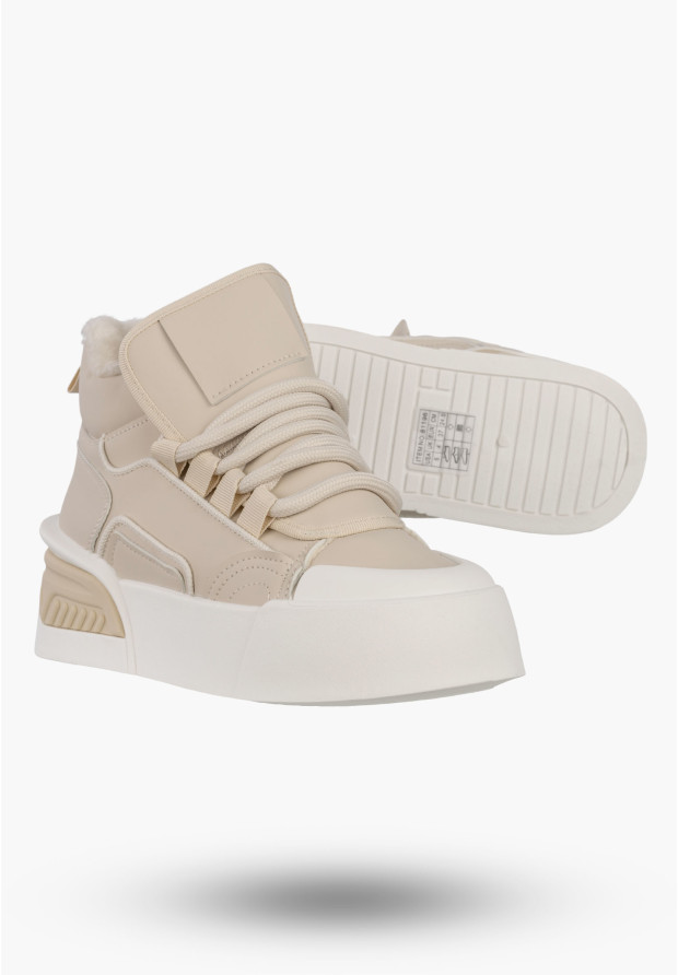 Sneakersy Damskie Botki Ocieplane Zimowe Na Platformie Beżowe