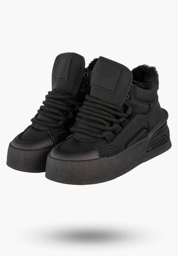 Sneakersy Damskie Botki Ocieplane Zimowe Na Platformie Czarne