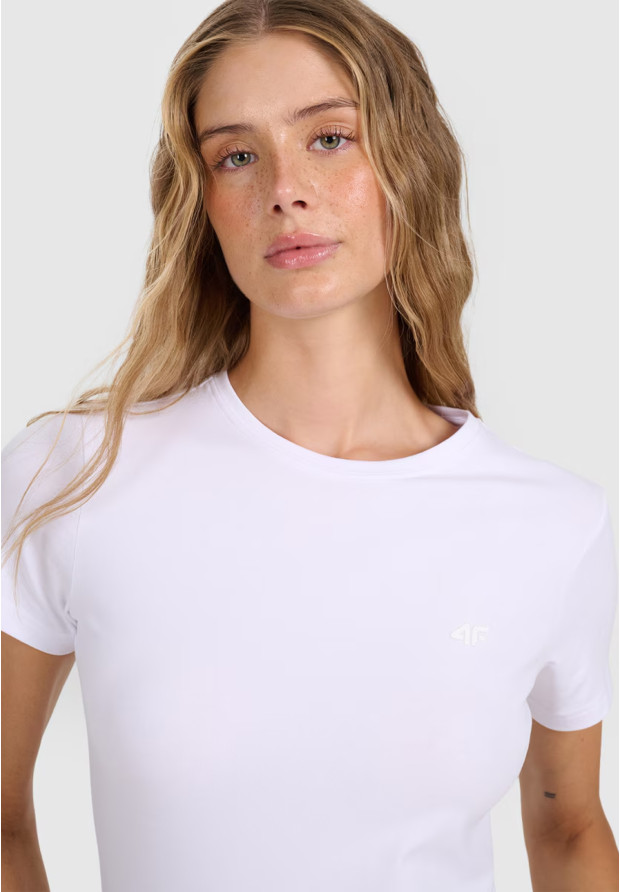Koszulka Damska 4F T-shirt Slim Fit Gładki Biały 4FWMM00TTSHF2255